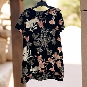 Nicole Miller Dress Size L Linen Blend Short Sleeve V-Neck Tropical Floral Print